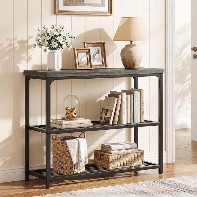 Besiost 32" Small Console Table with 3-Tier Storage, Industrial Narrow Entryway Table, Sofa Table Behind Couch for Hallway, Foyer & Living Room, Sturdy Metal Frame, Oak Grey