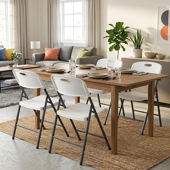 Simple Deluxe 2 Pack Folding Chairs Heavy Duty with Ergonomic Back - Plastic Stackable Portable Dining Chairs Set, for Home and Office, Conference, Wedding, Patio, Garden, for Indoor Outdoor, White