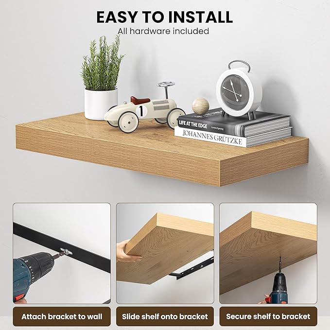Dreamland 55" Floating Shelves for Wall, 12" Deep Thicker Oak Floating Shelves, Wall-Mounted Shelves for Bedroom, Living Room, Kitchen, Bathroom - Set of 1