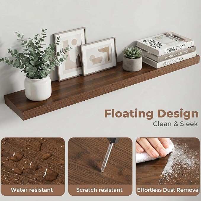 Venusmiles Floating Shelves for Wall, 40 Inch Floating Shelves Set of 2, 6.5" D Wooden Wall Mounted Display Shelves with Invisible Brackets for Living Room, Bedroom, Bathroom, Kitchen Decor, Walnut
