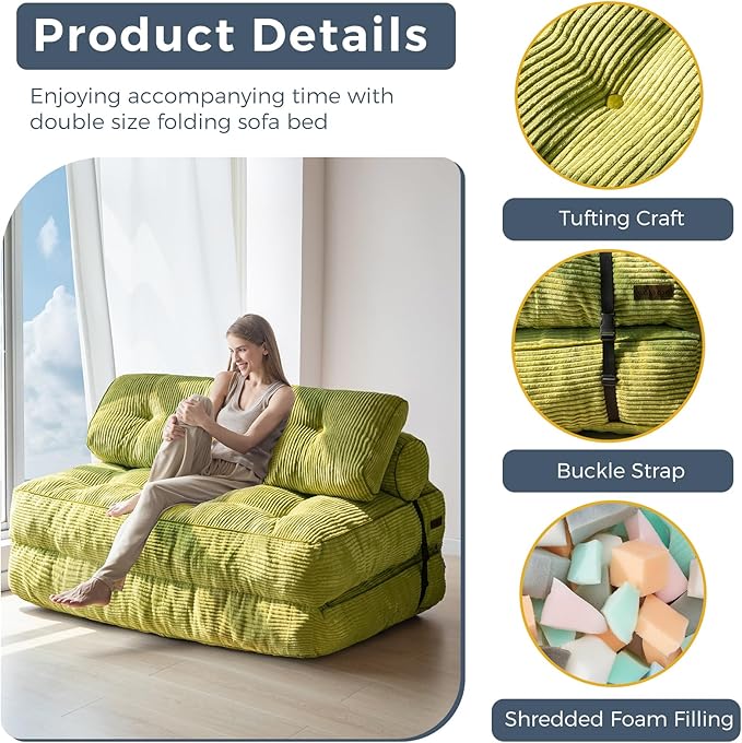 MAXYOYO Folding Sofa Bed, Convertible Chair with Pilow Foldable Couch with Back Support, Portable Fold Out Chair Bed for Living Room Bedroom, Green Double