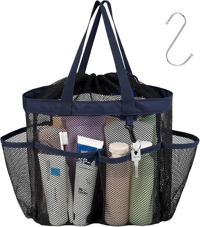 F-color Mesh Shower Caddy Portable with Drawstring - Large 8 Pockets Dorm Room Essentials for Guys Girls with S Hook, Shower Bag Basket Tote for College Camping Gym Travel Toiletry Bathroom, Dark Blue