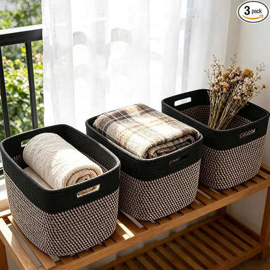 3 Pack Woven Rope Storage Baskets for Shelves,13.5"×11"×9.5" Storage Bins with Handles,Empty Gift Baskets,Nursery Organizer for Toys,Towels,Books,Closet,Living Room,Bedroom (Black&Jute)