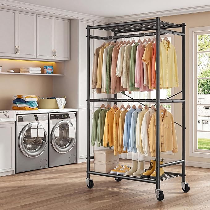 Raybee Clothes Rack, Clothing Racks for Hanging Clothes, Rolling Clothes Rack with Adjustable Rod, Double-tier Garment Rack with Wheels, Metal Portable Closet for Bedroom, Laundry, Black