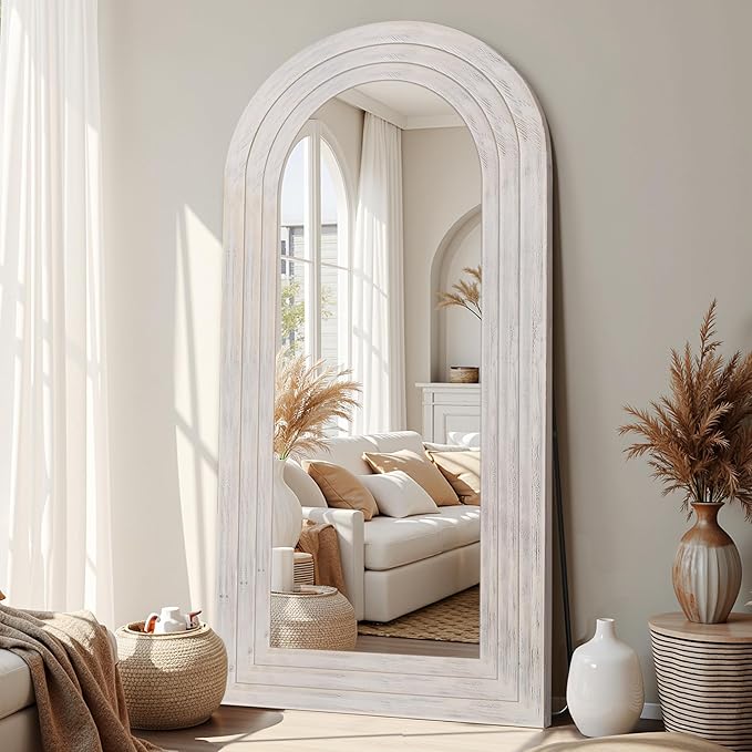 Antok Full Length Mirror with Solid Wood Frame, 71"×32" Wall Mounted Oversized Floor Mirror with Stand, Leaning Standing Hanging for Bedroom Living Room Entryway, White, Arched Syle