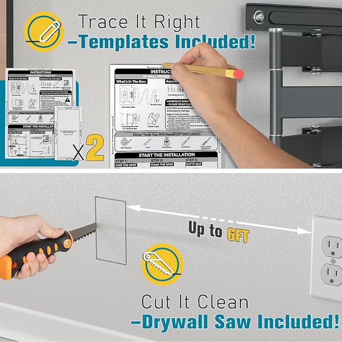 TV Cord Hider for Wall Mounted TV, in-Wall Cable Management Kit, Outlet Box– Dual Outlet Cord Hider with TypeC/USB Power Port & Low Voltage Support, Includes Drywall Saw, Template & Extension Cable