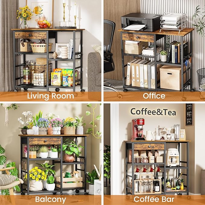 Microwave Stand, 6-Tier Microwave Cart with Wheels & Adjustable Shelf, Coffee Bar Table Station, Rolling Storage Cart Organizer Shelf for Living Room, Kitchen Island, Office, Rustic Brown