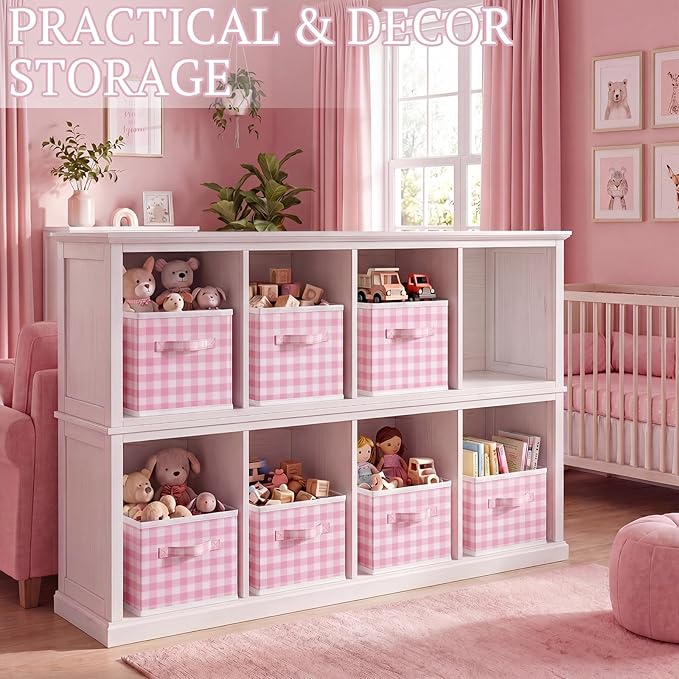 Yalikop 6 Pcs Pink Checkered Cube Storage Bins, 11 Inch Fabric Gingham Classroom Storage Bins Organizer with Handle Preppy Collapsible Cubby Basket for Classroom Home Nursery Playroom Bedroom