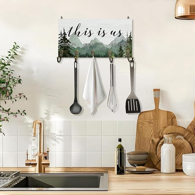 This is us Decor Key Holder for Wall 10"x5.12", Inspiration Sign Key Hanger Wall Mount, Family Quotes Rustic Forest Mountain Wooden Hanging Keys Holder Decor for Entryway Front Door（5 Hooks）