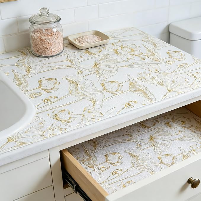 Shelf Liners Non Adhesive Light Base Gold Lotus Pattern - Thickened Non-Slip Easy to Clean Drawer Liner for Kitchen Cabinets, Tool Box, Refrigerator, with Knife & Tape Measure, 12in x 10FT