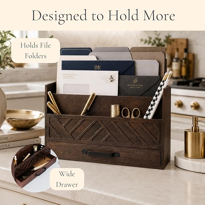 BLU MONACO | Wooden Mail Organizer with Drawer and Compartments | Mail Sorter Organizer Countertop for Desk Entryway | Outgoing Mail Holder Wood Desktop File Storage