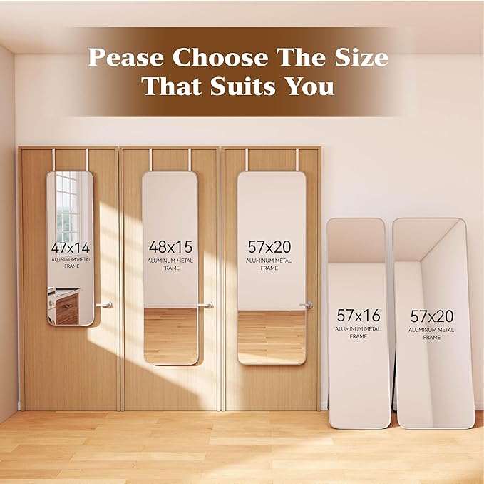 NARCISSUS 47x14 Mirror Door Hanging Full Length,Over Door or Wall Mounted Aluminum Alloy Frame Tempered Glass Rectangle Full Body Mirrors for Bedroom Dressing Living Room Bathroom 47 inch Silver