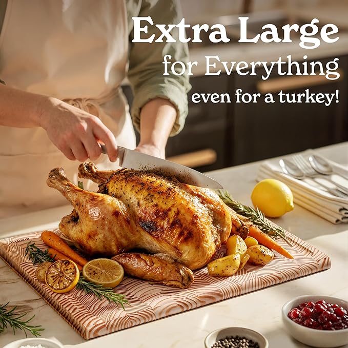Smirly Reversible 17" Large Larch Cutting Board for Kitchen - 1.2"Th Heavy Duty Real Wood Cutting Board with Deep Juice Groove - Reversible Wooden Cutting Board for Multiple Uses - Only 1 Piece