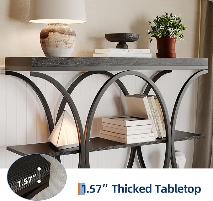 Garvee 39" Narrow Console Tables for Entryway, Industrial 3-Tier Sofa Table with Round Metal Base and Storage Shelves for Living Room, Hallway, Foyer, Black Wood Grain