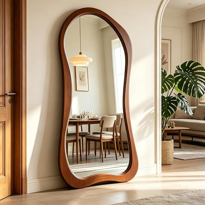 Large Irregular Mirror, 67"x31.5" Organic Floor Mirrors with Solid Wood Frame, Asymmetrical Full Length Mirror for Living Room Entryway Hallway Bedroom Cloakroom, Leaning/Wall-Mounted