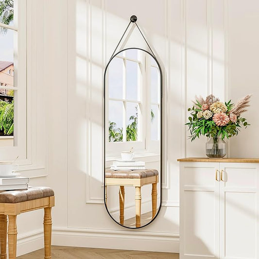 48"x16" Hanging Mirror Full Length with Leather Strap,Oval Full Length Mirror Wall-Mounted Hanging Mirrors for Bathroom Vanity Living Room Bedroom Entryway Décor, Black