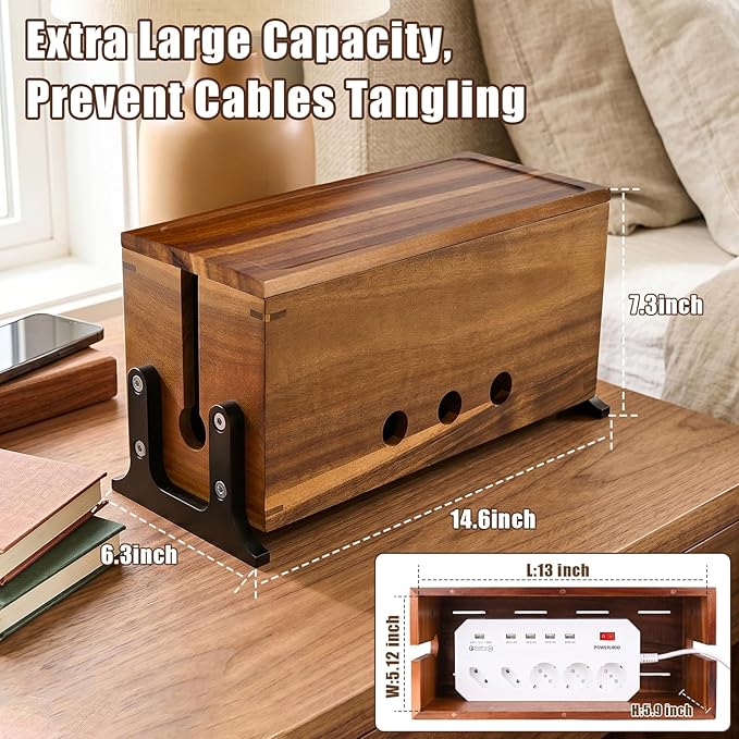 Extra Large Cable Management Box, Cord Organizer & Hider Box, Acacia Wood Cable Box for Chargers, Power Strip, USB, Floor & Desk Cables & Cords Storage, Children & Pet Safe