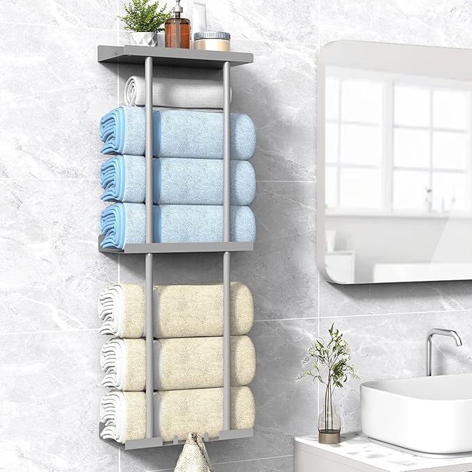Liuoud Towel Rack for Bathroom, Wall Mounted Bath Towel Holder Storage Organizer for Rolled Towels, Vertical Towel Rack with Shelf Can Holds Up 6 Large Bath Towel (Grey, Larger Size)