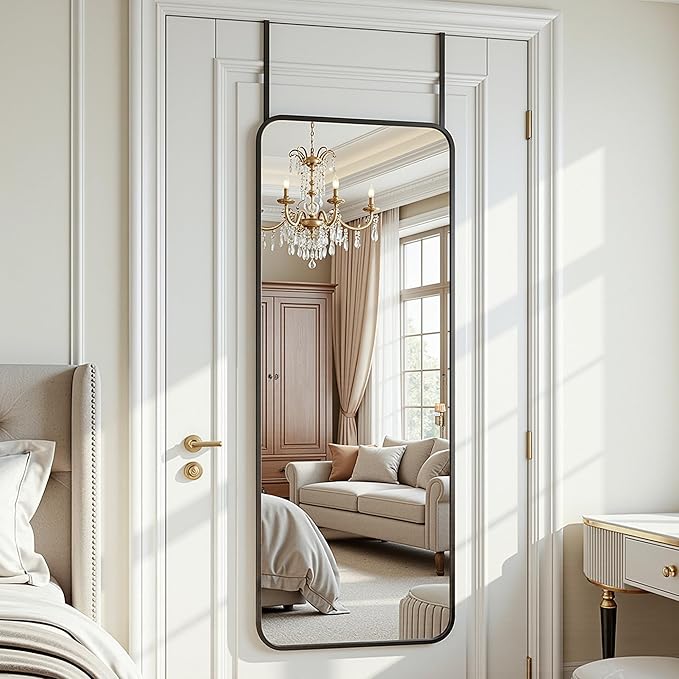 Antok 58''x 20'' Full Length Mirror Over Door, 4-in-1 Standing Leaning Wall Mounted, Adjustable Hanging Mirror for Bedroom Living Room, Black, Rounder Corner