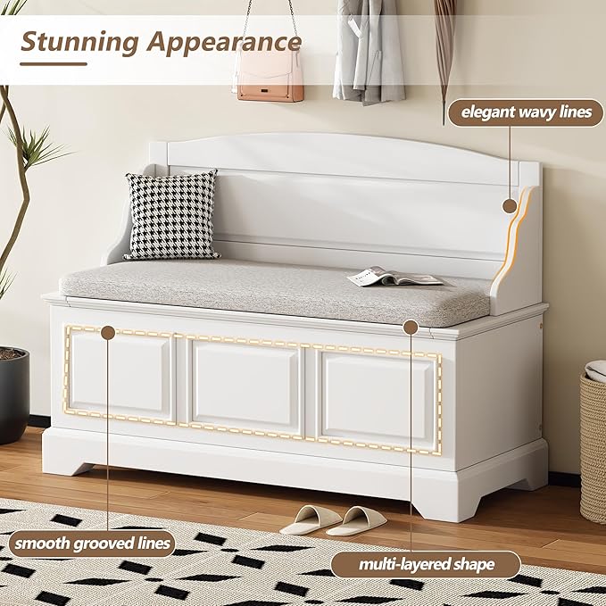LUMISOL Shoe Storage Bench with Cushion, 41.7“ Farmhouse Entryway Bench with Soft-Close Devices and Hidden Storage, Upholstered Storage Ottoman for Living Room, Entryway, Bedroom, White