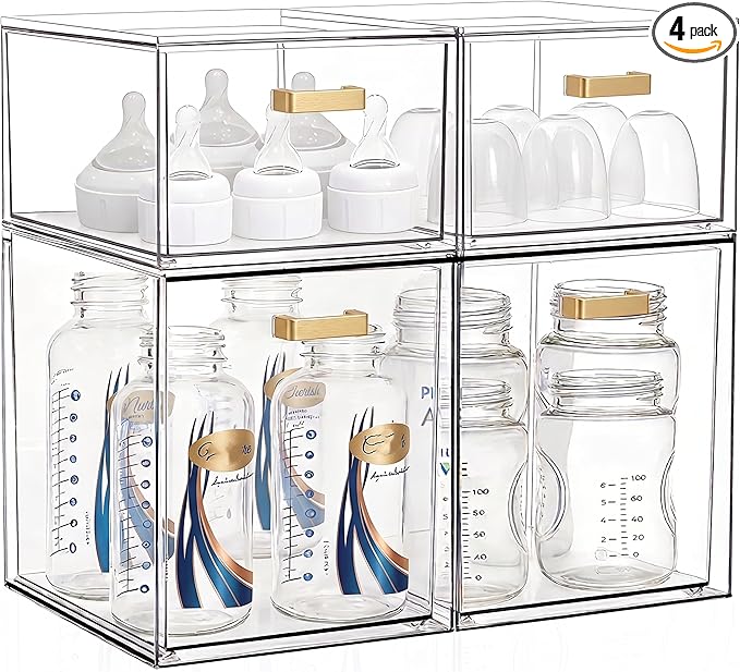LALOBLUE Clear Stackable Drawer Organizer, 4 Pack Acrylic Storage Drawers with Pull-Out Design, Space-Saving Organizer for Bathroom, Vanity, Kitchen & Office