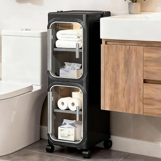 2-Tier Narrow Storage Cabinet, Slim Bathroom Storage Cabinet with Adjustable Shelves and Wheels, Narrow Organizer for Small Space, Bathroom, Kitchen, Laundry, Black