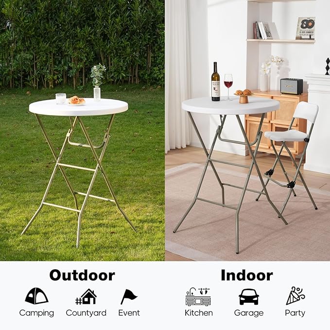 32" Round Folding Table, Portable Bar Height Folding Table with Detachable Legs, Round Foldable Table with HDPE Top for Standing Parties, Balcony, Event, Indoor Outdoor Use (White, 1 Pack)