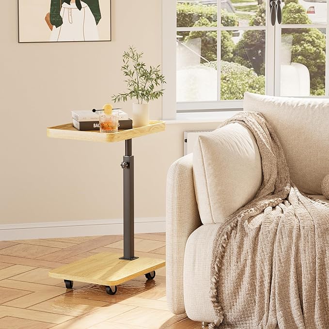 Tv Tray,Adjustable Height C Shaped End Side Table for Eating on Couch That Slide Under,360°Swivel Sofa Snack Dinner Table with Wheels for Living Room and Bedroom, Bed,Chair(Oak+Black)