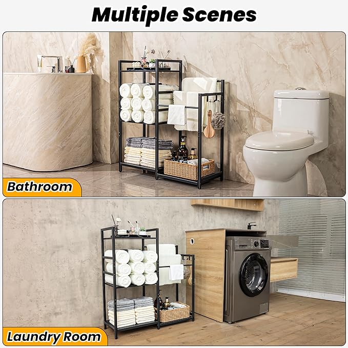 Aquzee Towel Storage for Bathroom, 3-Tier Towel Drying Rack Stand, Standing Towel Racks, 2 Hooks for Looafhs, Towel Holder for Rolled Folded Drying Towels, Black