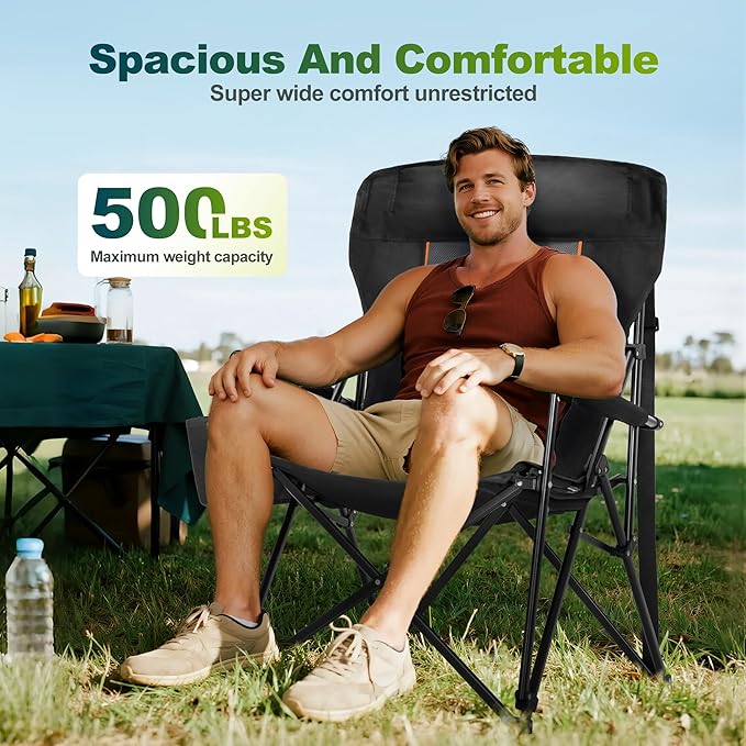 ALPHA CAMP Oversized Folding Camping Chairs for Adults High Backrest Heavy Duty Lawn Chairs Support 500 LBS Portable Camp Chairs with Cup Holders Large Side Pocket Outdoor Chair 2 Pack