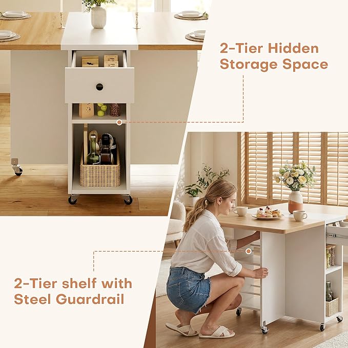 Jocoevol Space Saving Folding Dining Table for 4, Foldable Dining Table with Drawer and Storage Shelf, 6 Wheels Drop Leaf Kitchen Dining Room Table for Small Space (Natural, 47.2" x 23.6" x 29.9")