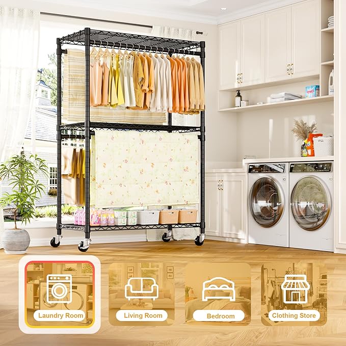 ULIFHOME P5 Plus Rolling Clothes Rack Heavy Duty, Clothing Racks for Hanging Clothes, Metal Garment Rack with Wheels, 3-Tier Portable Closet Rack 45'' W × 20.5'' D × 80.5'' H, Max Load 660 Lbs, Black
