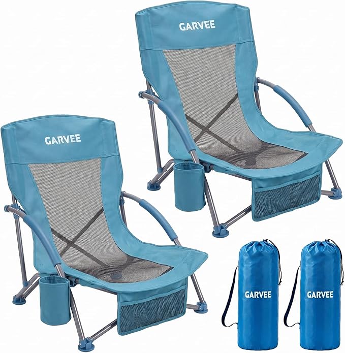 Garvee Low Beach Chair 2 Pack, Folding Portable Beach Chairs for Adults, Lightweight Extra Wide Seat Chair with Cup Holder, Storage Pocket & Carry Bag for Camping, Beach, Travel - 2PC