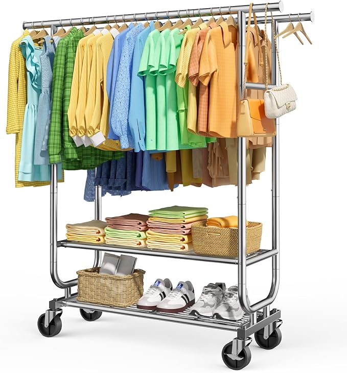 Sakugi Stainless Steel Clothes Rack with Wheels - Heavy-Duty Double Rod Garment Rack with 2-Tier Shelves & Side Bars, Rolling Closet Rack for Bedroom & Laundry Room, 42.5"x 16.9"x 65.2",Silver
