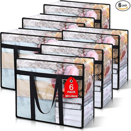 6Pack Clear Blanket Storage Bags, Vinyl Comforter Clothes Storage Closet Organizers and Storage Containers Moving Bags with Reinforced Handle for Bedding, Clothing, Comforters, Pillows, Toys,60L
