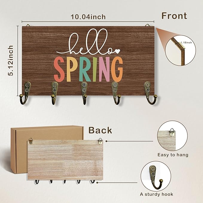 Rustic Spring Key Holder for Wall 10"x5.12", SeasonalSpring Key Hanger Wall Mount, Colorful Hello Spring Farmhouse Dark Brown Wooden Hanging Keys Holder Decor for Entryway Front Door（5 Hooks）