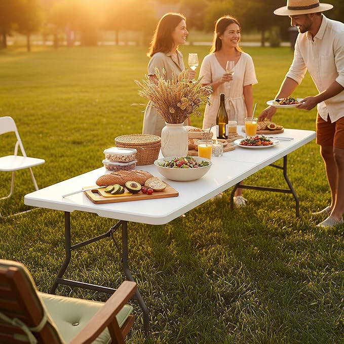 Folding Table 8FT Portable Heavy Duty Plastic Table with Carrying Handle Fold-in-Half Utility Foldable Tables for Parties Wedding Events Dining Indoor Outdoor Picnic (White)