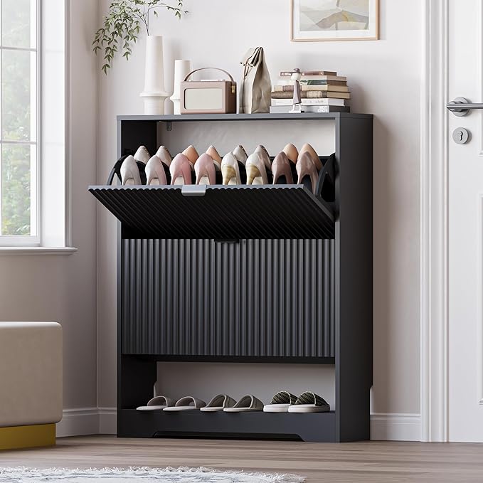BORNOON Shoe Cabinet with 2 Flip Drawers, Fluted Shoe Storage Cabinet with Adjustable Shelves, Freestanding Rack and Organizer for Entryway, Closet, Hallway
