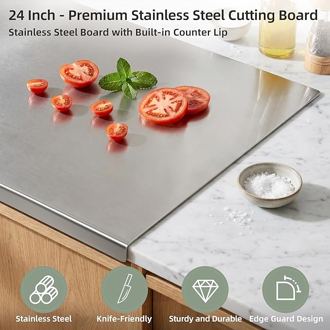 Stainless Steel Cutting Board with Lip, Metal Chopping Board for Kitchen Countertop, Single Stainless Steel Cutting Board For Food Prep (24 x 16 in / 60× 40 cm)