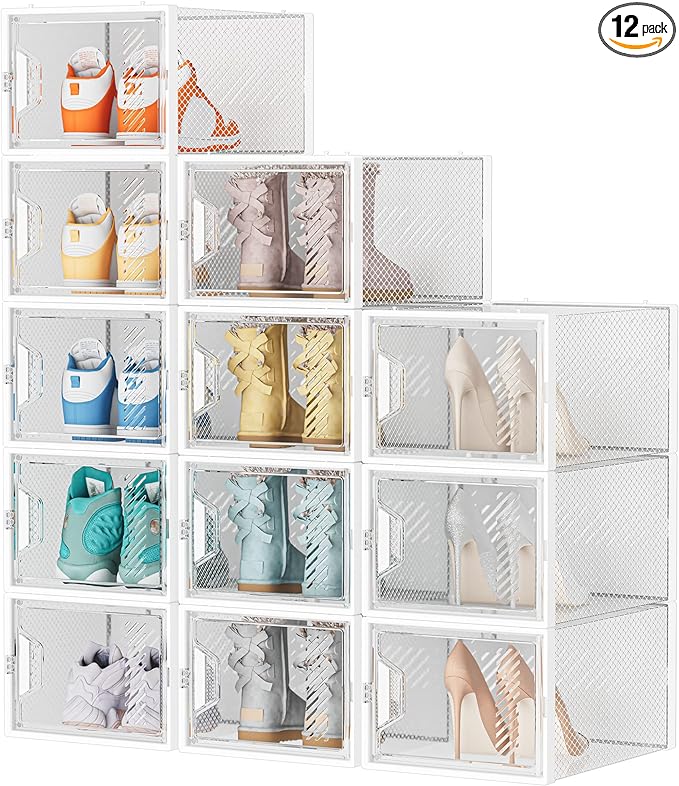 Shoe Storage, 12 Pack X-Large Shoe Organizer for Closet, Shoe Boxes Clear Plastic Stackable Shoe Storage Boxes for Size 13