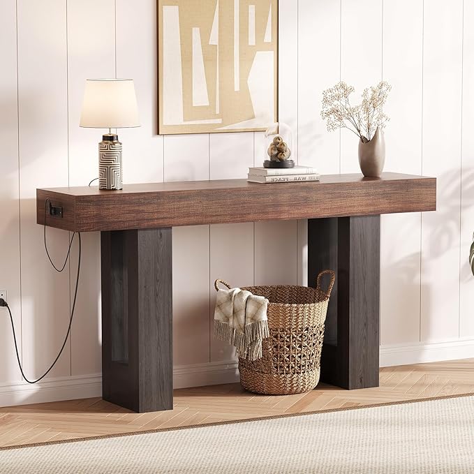 IDEALHOUSE 63" Entryway Table, Wood Console Table with Charging Station, Extra Long Sofa Table, Narrow Hallway Foyer Table for Entryway, Hallway, Living Room, Rustic Brown & Black