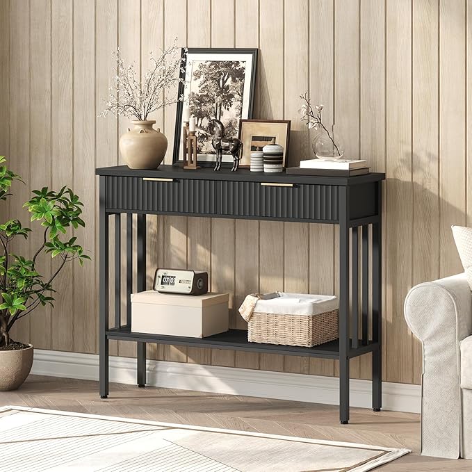 MAHANCRIS Console Table with 2 Drawers, Narrow Long Entry Table with Storage Shelf, 2-Tier Fluted Entryway Table with 2 Drawers, for Entryway, Living Room, Foyer, Hallway, Office, Black CTHB5101