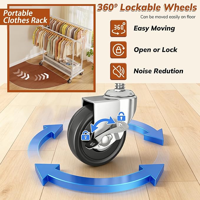 Clothes Rack Clothing Racks for Hanging Clothes, Rolling Clothes Rack Portable Clothing Rack, Double rod clothing rack with Storage Basket, Garment rack for Bedroom, Laundry Room, White