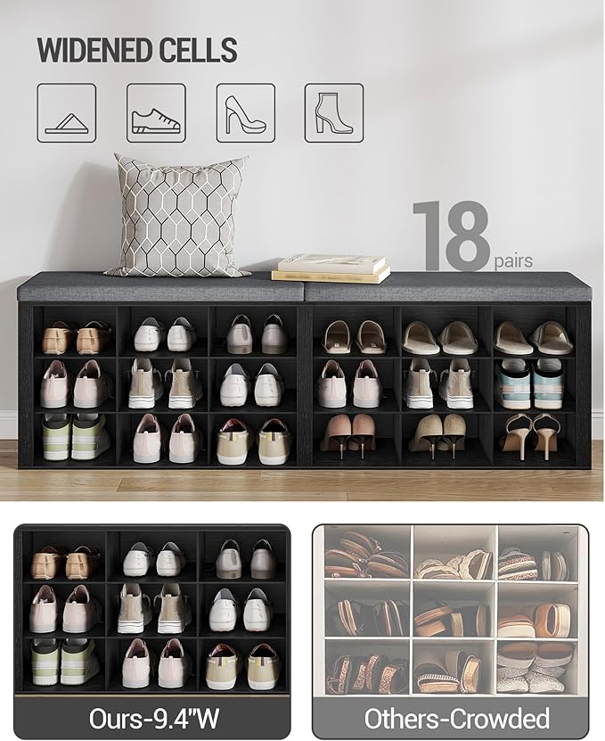 Hzuaneri Shoe Storage Bench with Cushion, Entryway Storage Bench with 18 Cubbies, 9.5" Widened Organizer Cabinet, Long Cubby Rack for Living Room, Bedroom, Entryway, Black SB25704GY
