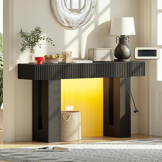 60-Inch Long Entryway Table with Built-in Power Outlet and App & Button-Controlled RGB Light, Thick Wood Farmhouse Console Table for Behind Sofa, Narrow Hallway, Living Room, Foyer, Entrance, Black