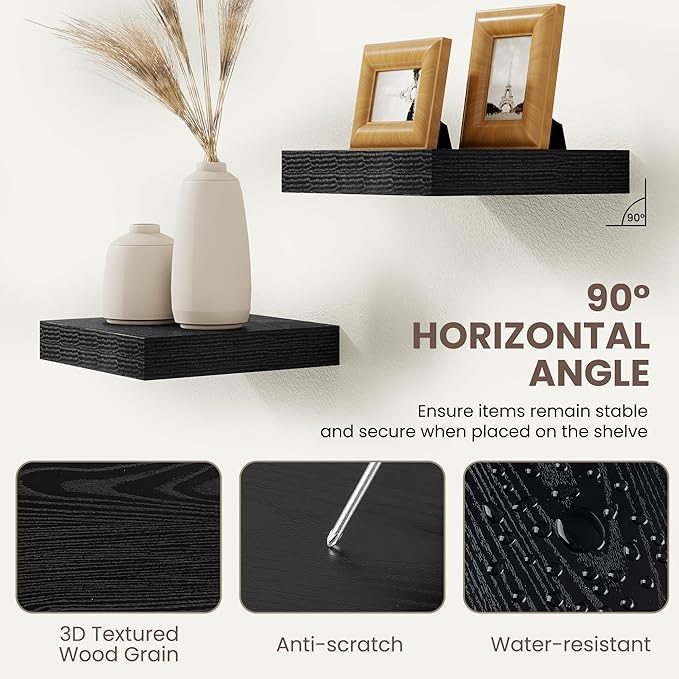 Acovy Floating Shelves for Wall 9 Inch,9.3" Deep Square Floating Shelf Set of 3,Wall Shelves Hanging Shelf with Invisible Brackets,Wall Mounted Shelf for Kitchen Living Room Bedroom Bathroom,Black