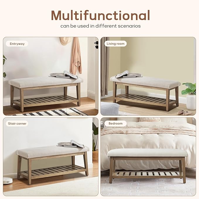 Zihanhome Entryway Bench, Chenille Upholstered Shoe Benches for Bedroom, Ottoman Bench with Solid Wood Shelf, Storage Benches for Hallway, Living Room(Beige)