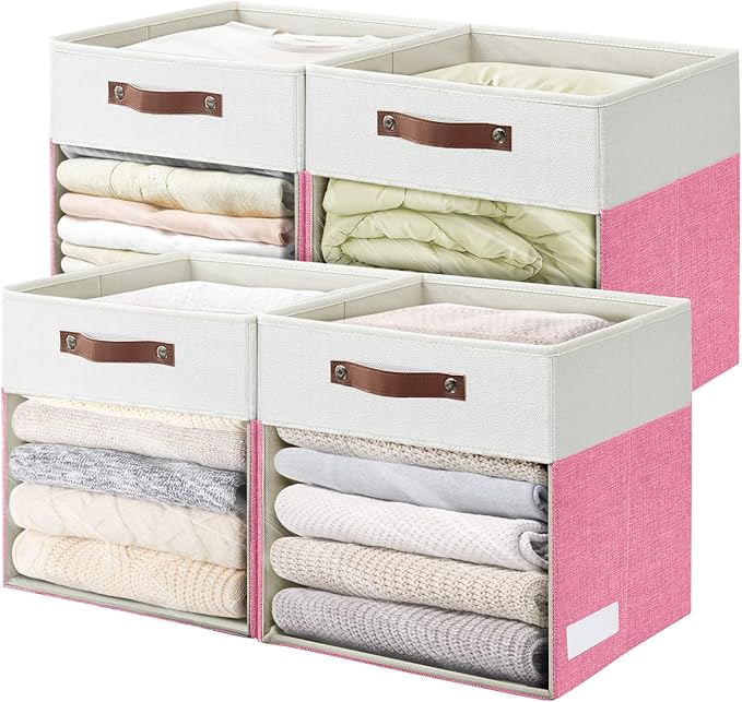Bagnizer Storage Cubes, 4 Pack Linen Foldable Storage Bins (13 x 13 inch) with Clear Window and Handles, Fabric Organizer for Shelf Closet, Clothes, Books - (Pink and White)