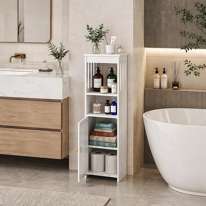 Narrow Bathroom Storage Cabinet, 5-Tier Slim Organizer with Door and Open Shelf for Toilet Small Spaces, White, 7.9" D x 9.8" W x 31.5" H