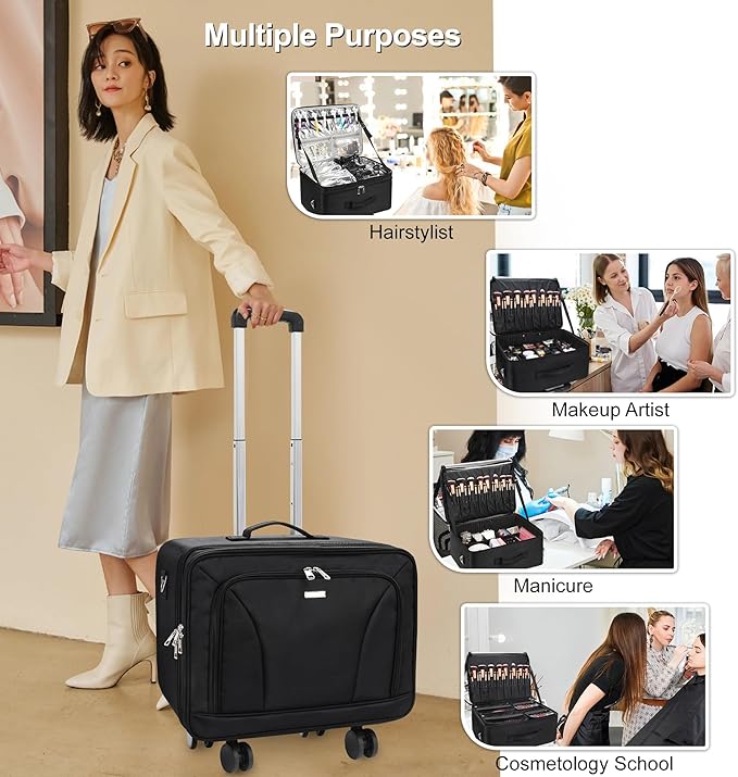 Relavel Cosmetology Case on Wheels, Extra Large Rolling Makeup Travel Train Case with 360° Spinner Wheels, 3 Layer with Insulation Compartment & 4 Clear Bags, Professional Makeup Artist Bag Set